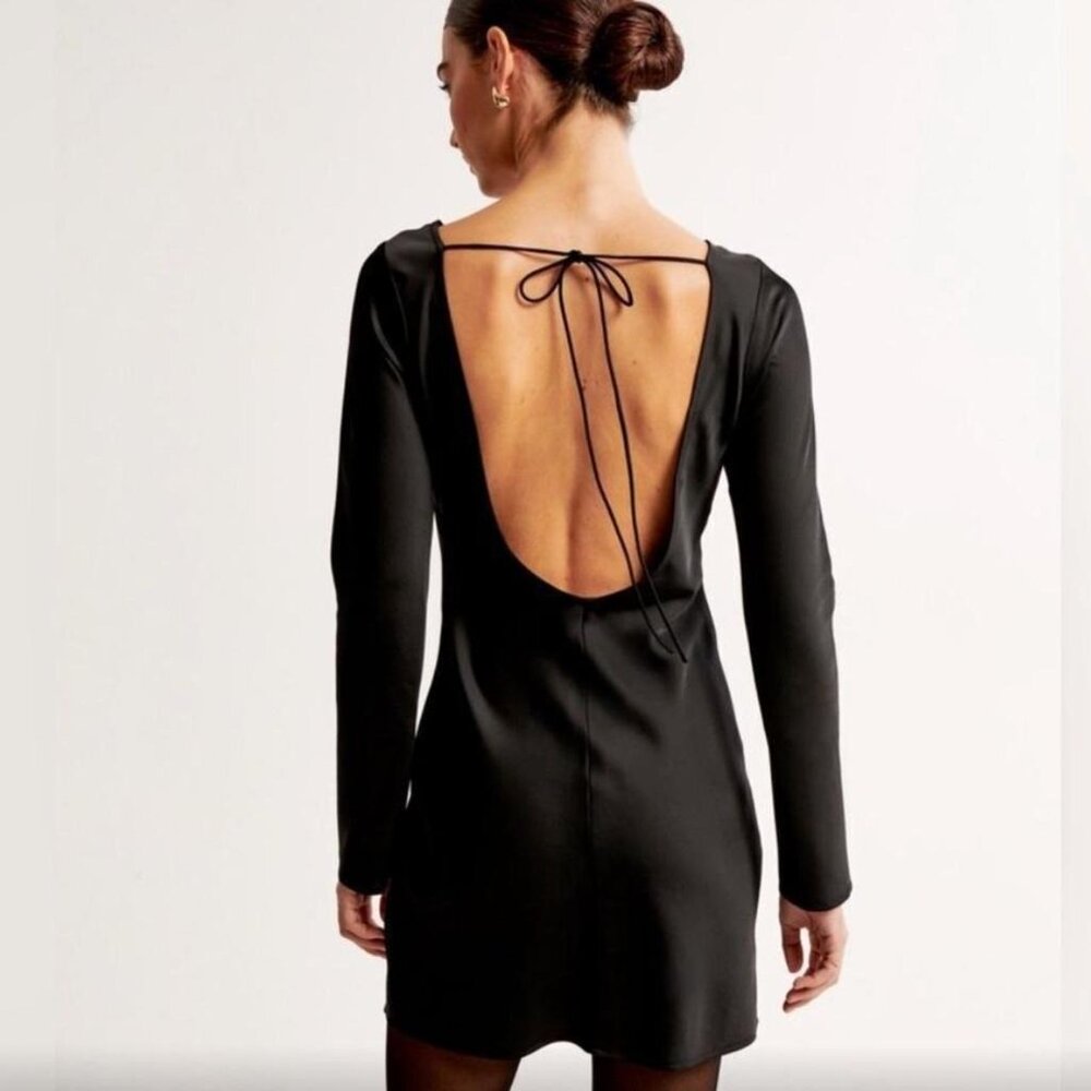 Abercrombie & Fitch Satin Long Sleeve Open Back Mini Dress Black Women's Size L - Picture 2 of 10